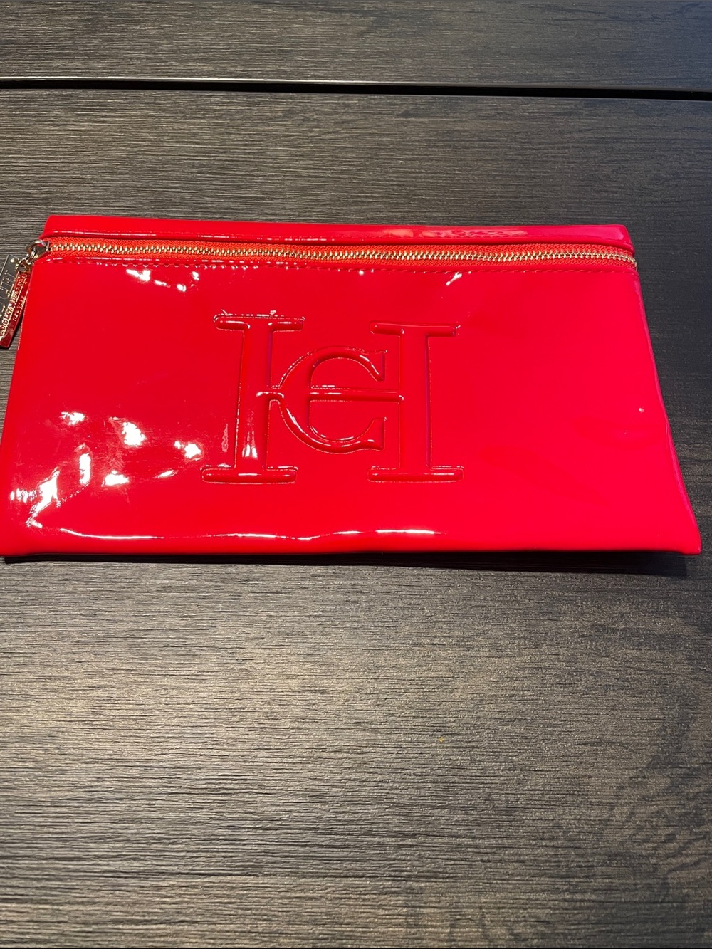 Carolina Herrera Red Patent Logo Zip Clutch